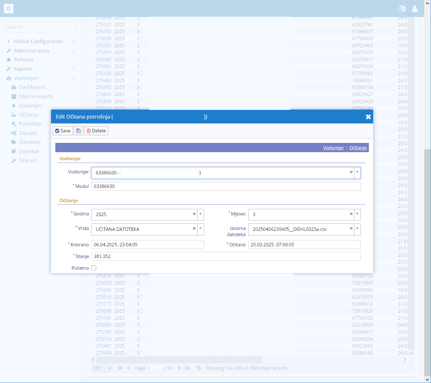 Slika ekrana web aplikacije VODOMJERI